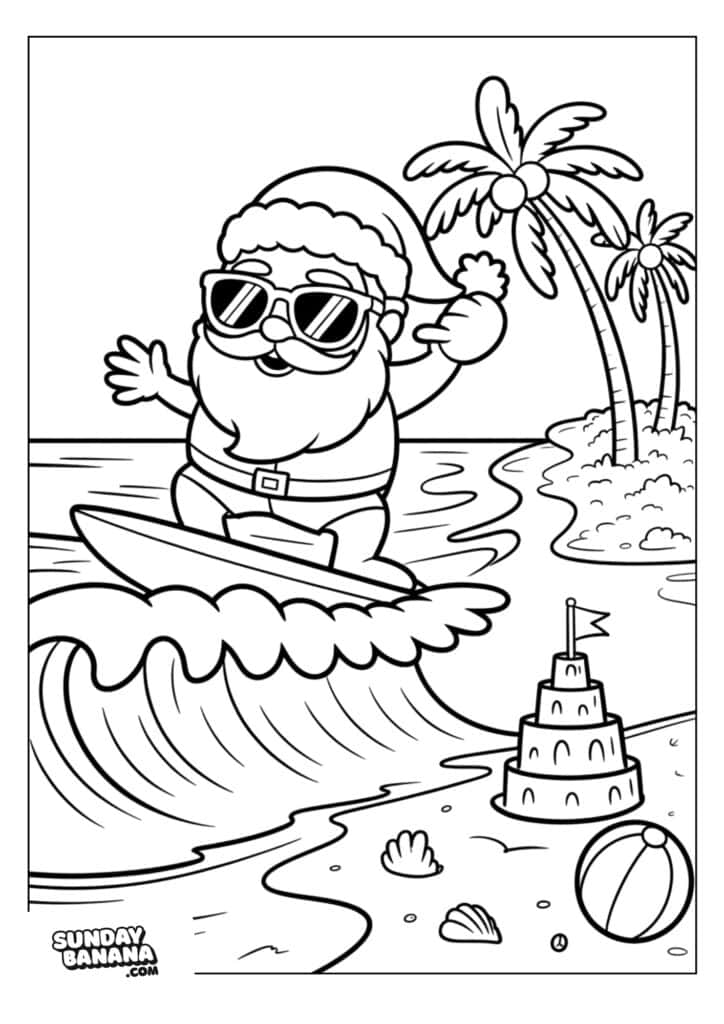Santa Claus, wearing sunglasses and a hat, surfs on a wave near a beach. There’s a sandcastle with a flag, a beach ball, seashells on the sand, and palm trees with coconuts on a small island in the background. The drawing is in a cartoon style.