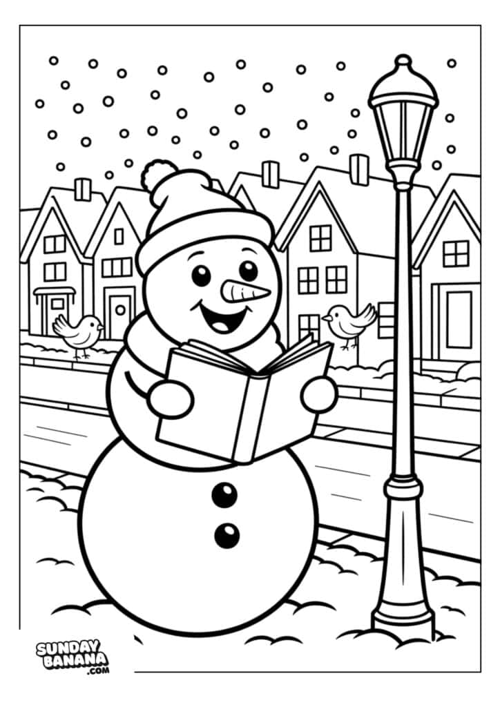 A cheerful snowman wearing a hat and scarf stands on a snowy sidewalk, holding an open book. There are two birds nearby, snowflakes falling, a row of houses in the background, and a streetlamp beside the snowman. The scene is outlined for coloring.