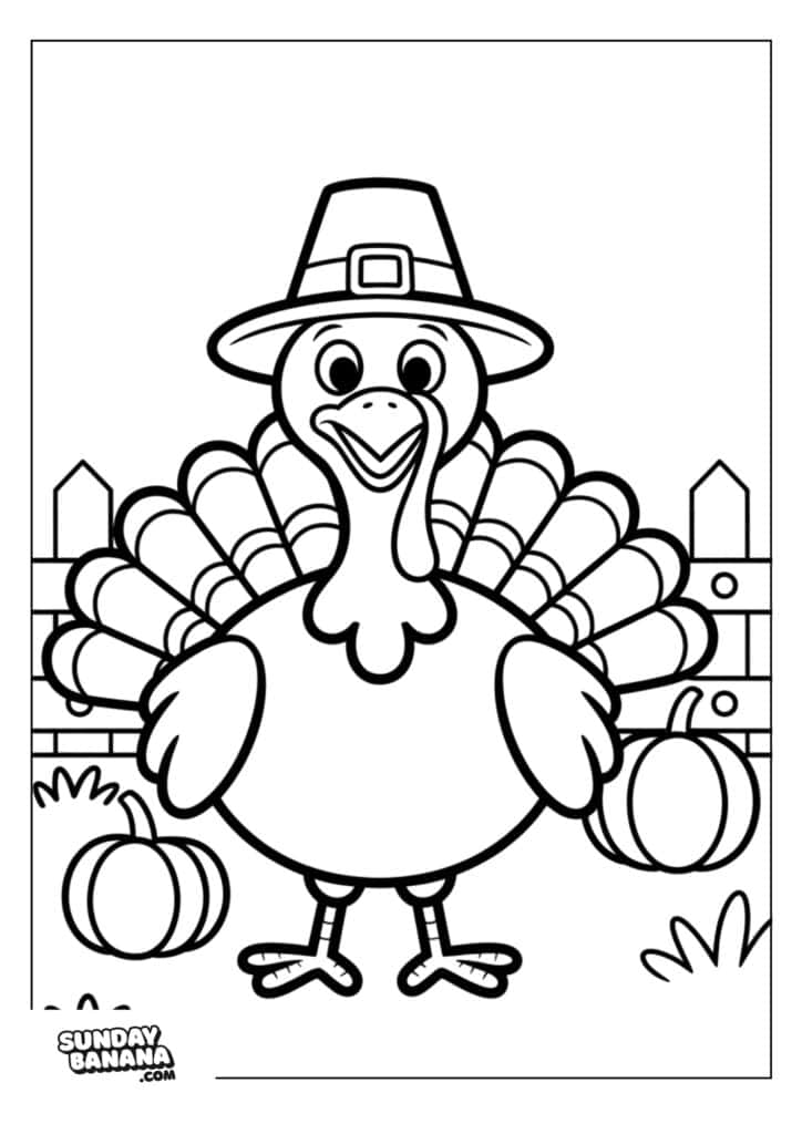 A cheerful cartoon turkey wearing a pilgrim hat stands in front of a wooden fence. Its tail feathers are fanned out. There are two pumpkins and some grass on the ground. The image is outlined for coloring, with a “SundayBanana.com” logo in the bottom left corner.