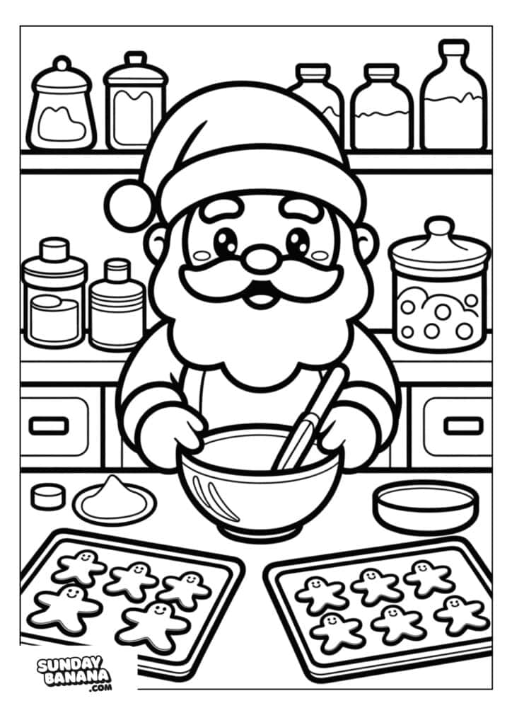 A cheerful Santa Claus mixes dough in a bowl in a kitchen. Two trays of gingerbread cookies are on the table, along with a jar, a plate, and a bowl of flour. Shelves behind Santa hold jars and containers. The scene is outlined for coloring.
