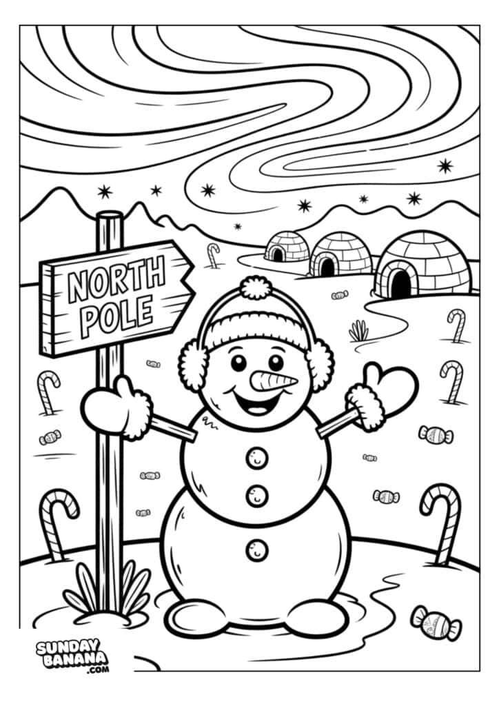 A cheerful snowman wearing a hat and mittens stands beside a “North Pole” sign. Behind are igloos, snowy hills, candy canes scattered on the ground, and swirling clouds in the sky. The scene is outlined for a coloring page.