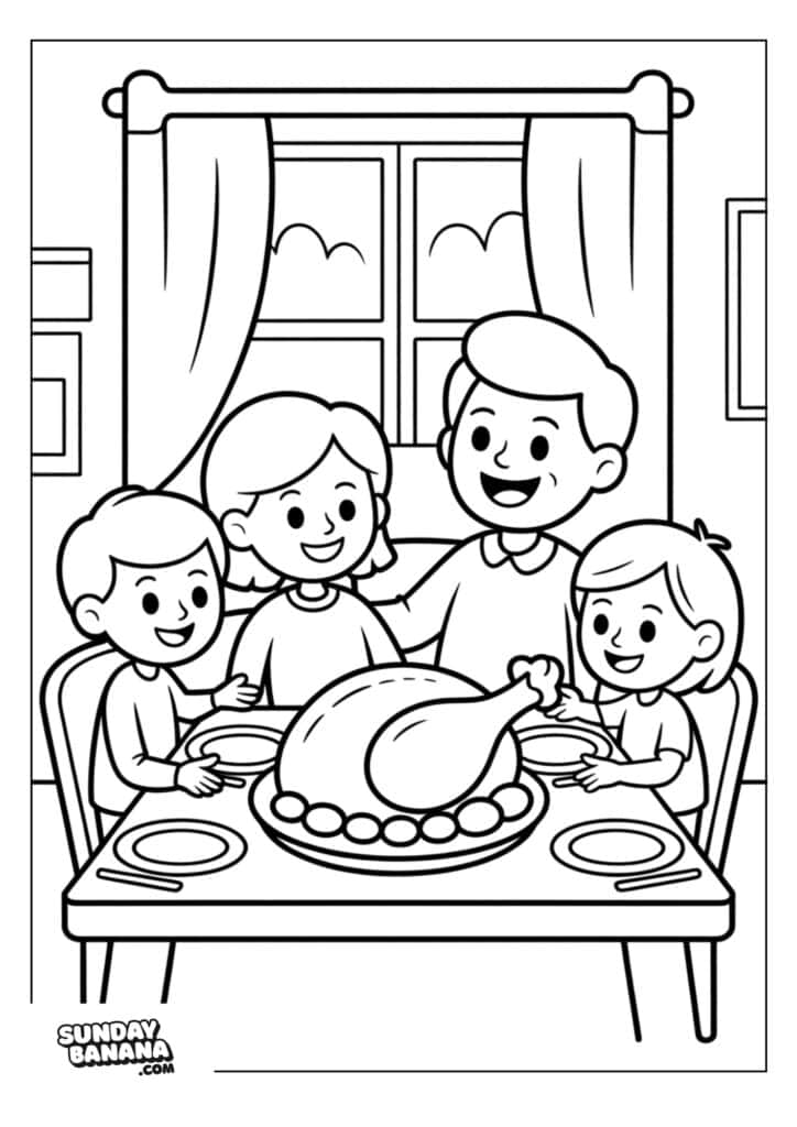A happy family of four, two adults and two children, sit around a dining table with a large roasted turkey as the centerpiece. They are smiling, holding hands, and ready to share a meal together. A window with curtains is in the background.