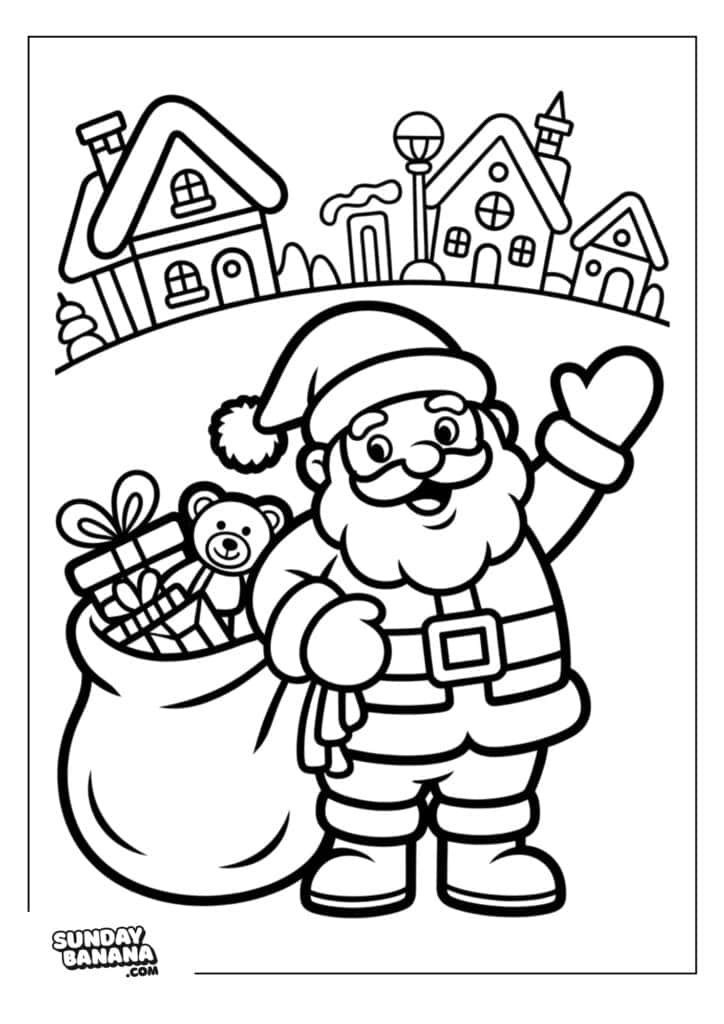 A cheerful Santa Claus waves with one hand while holding a sack full of gifts, including a teddy bear, in the other. In the background, there are three snow-covered houses and a streetlamp, drawn in a simple cartoon style.