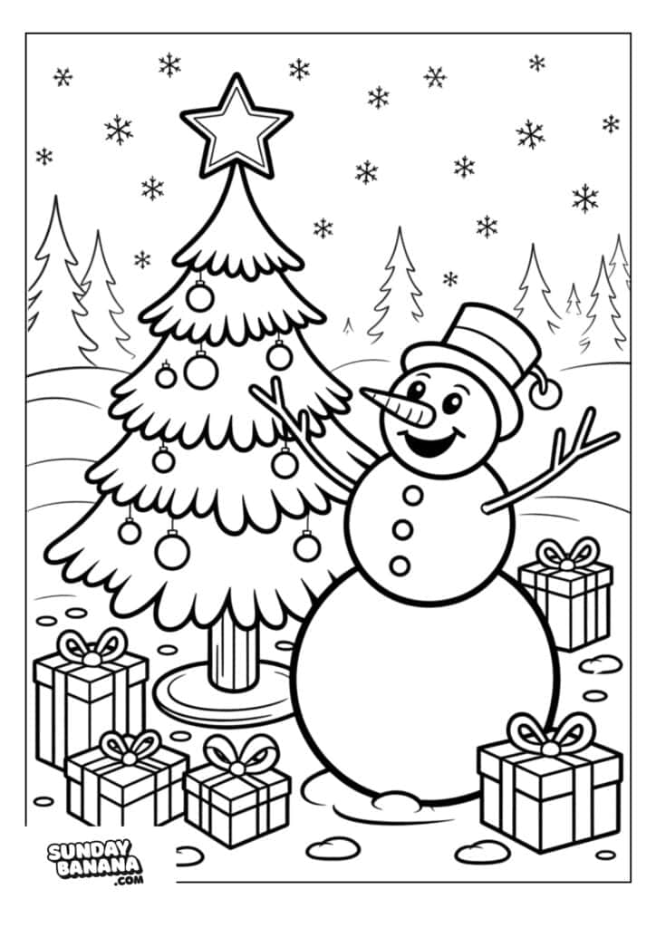 A joyful snowman with a top hat and scarf stands beside a decorated Christmas tree with ornaments and a star. Snowflakes fall gently. Four wrapped presents sit under the tree. Pine trees and snow cover the background.