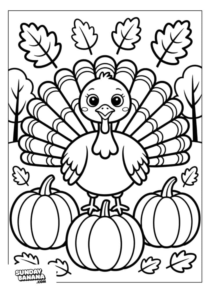 A cartoon turkey with detailed tail feathers stands between three large pumpkins. Fallen leaves are scattered around, with several floating in the background. The scene has a festive, autumn theme and is outlined for coloring.