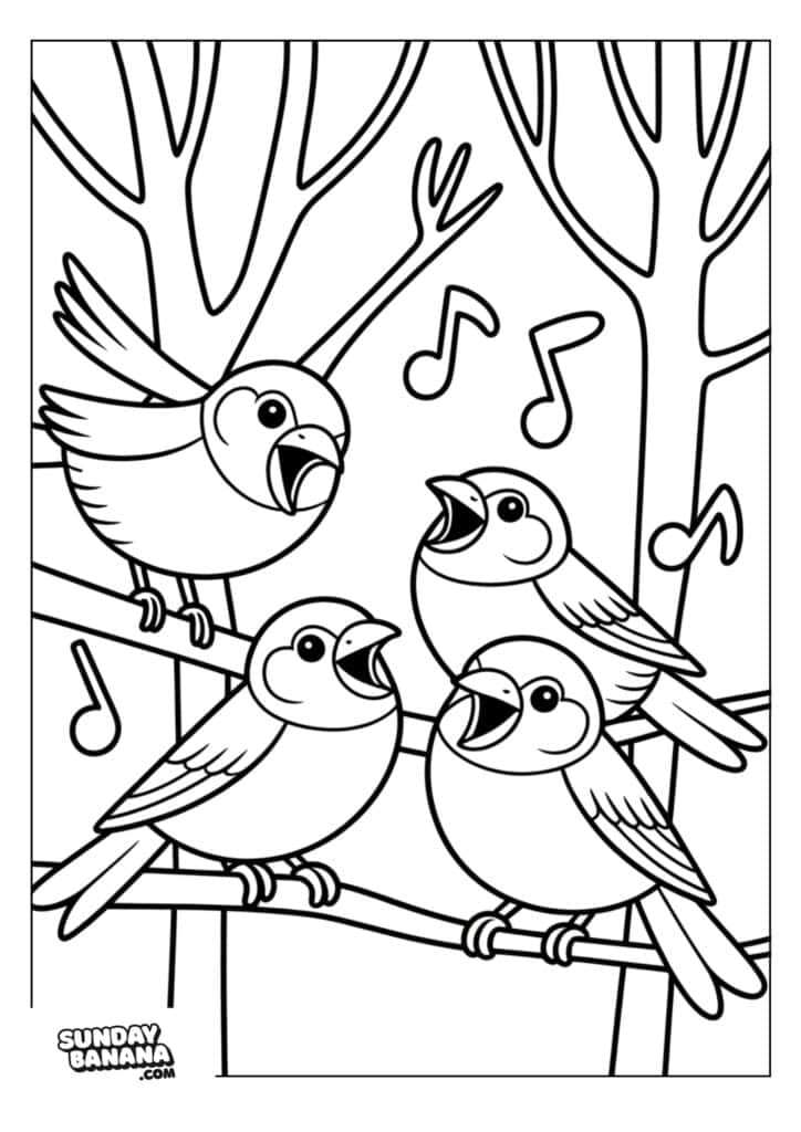 Four cartoon birds sit on tree branches, singing with their beaks open. Three musical notes float in the air above them. Simplified tree trunks and branches appear in the background. The image is black-and-white and designed as a coloring page.