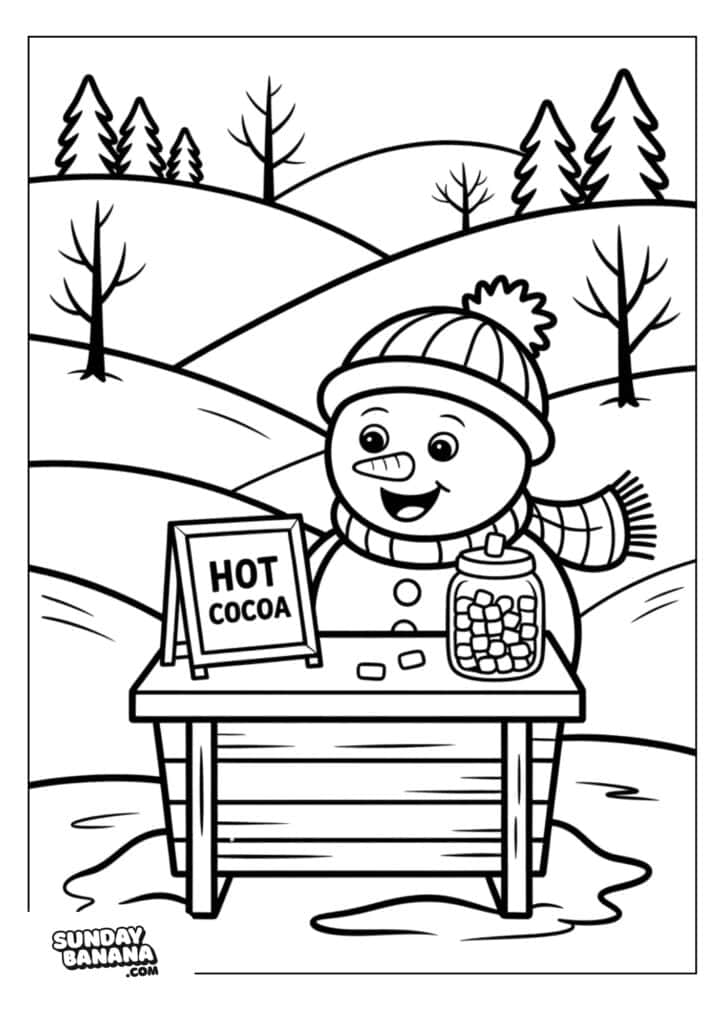 A smiling snowman wearing a hat and striped scarf stands behind a wooden table. On the table, there’s a sign reading “HOT COCOA” and a jar of marshmallows. Snowy hills and leafless trees fill the background. The scene is outlined for coloring.