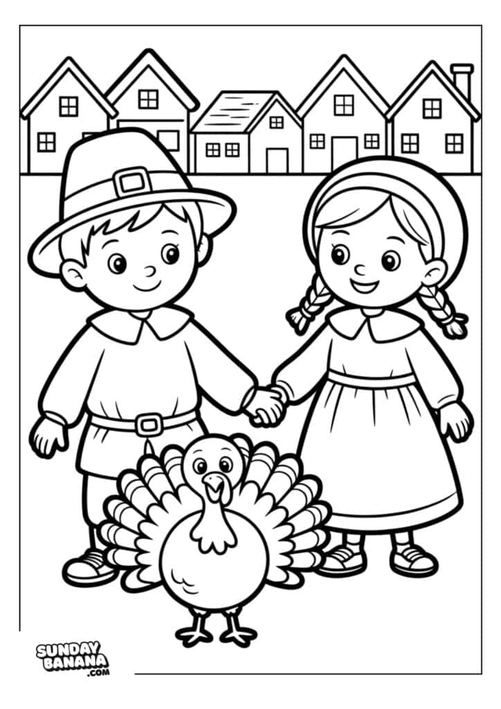 A boy dressed as a Pilgrim and a girl in a bonnet and dress hold hands and smile, standing behind a happy turkey. In the background, there are several houses lined up, all beneath a clear sky. The scene is in black-and-white, coloring book style.