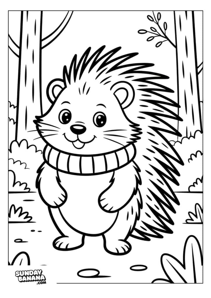 A cute cartoon porcupine wearing a striped sweater stands smiling in a forest. Tall trees, bushes, and plants fill the background. The porcupine has big eyes, round cheeks, and long quills on its back. The image is outlined for coloring.