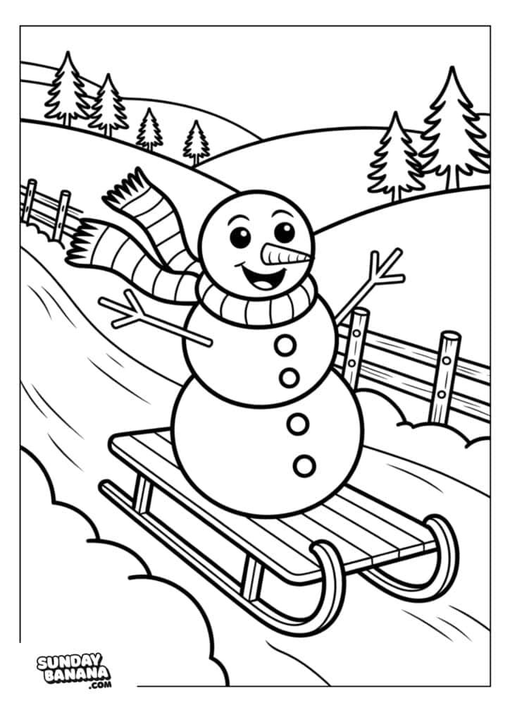 A smiling snowman with a carrot nose, wearing a striped scarf, rides a sled down a snowy hill. The snowman has stick arms raised in excitement. Pine trees and hills are in the background, and a wooden fence runs alongside the sled track.