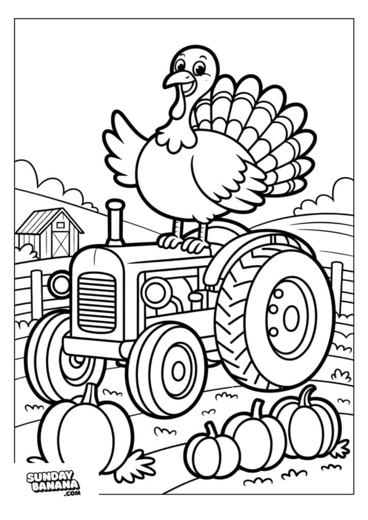 A cheerful turkey stands on a tractor in a farm field with pumpkins in the foreground. A barn, split-rail fence, and rolling hills are in the background. The image is outlined for coloring.