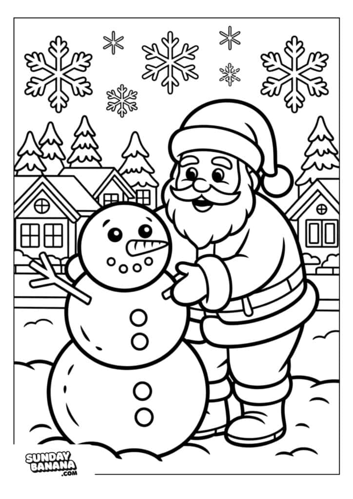 Santa Claus smiles while standing next to a snowman, pointing at its face. Snow-covered houses and pine trees are in the background, with large snowflakes falling from the sky. The scene is cheerful and festive, set in a snowy winter landscape.