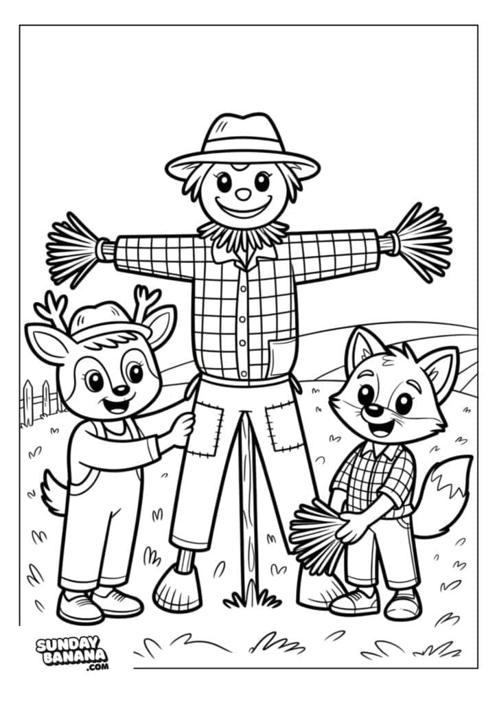 A smiling scarecrow stands in a field with outstretched arms, wearing a hat and plaid shirt. A cheerful deer and a fox, both in shirts and pants, stand beside the scarecrow, appearing to help make it. Hills and a fence are seen in the background.