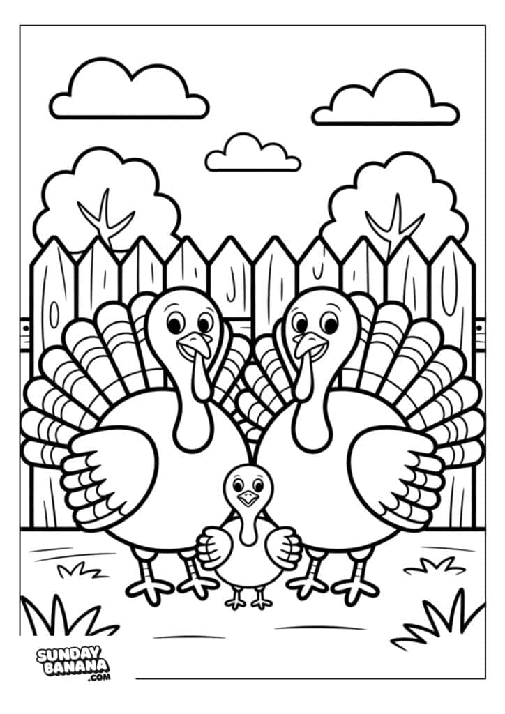 A coloring page shows two large turkeys and one small turkey chick standing together on grass in front of a wooden fence, with bushes and clouds in the background. All three turkeys are smiling and facing forward.