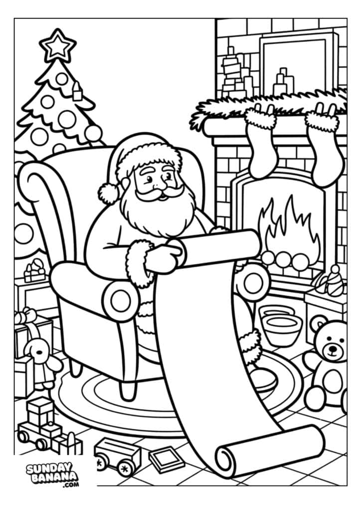 Santa Claus sits in an armchair, holding a long list. He is in a cozy room with a decorated Christmas tree, toys and gifts on the floor, and a fireplace with a roaring fire, stockings, and holiday ornaments hanging above the mantle.
