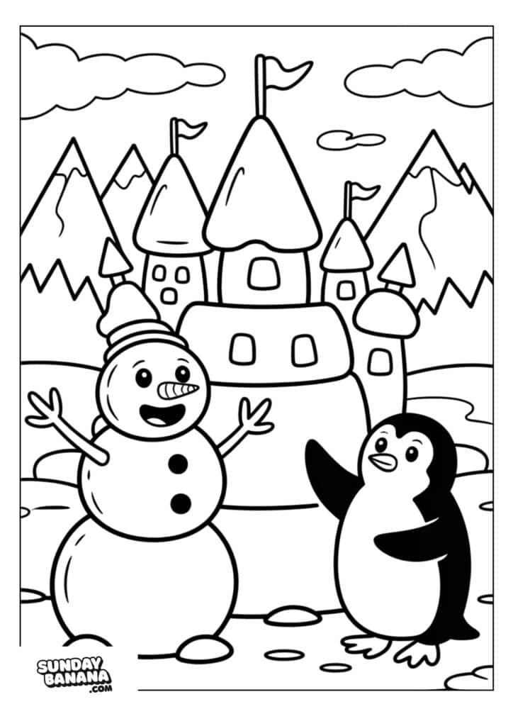 A happy snowman with stick arms and a carrot nose stands next to a smiling penguin in front of a whimsical snow-covered castle, with mountains and clouds in the background. The scene is outlined for coloring.