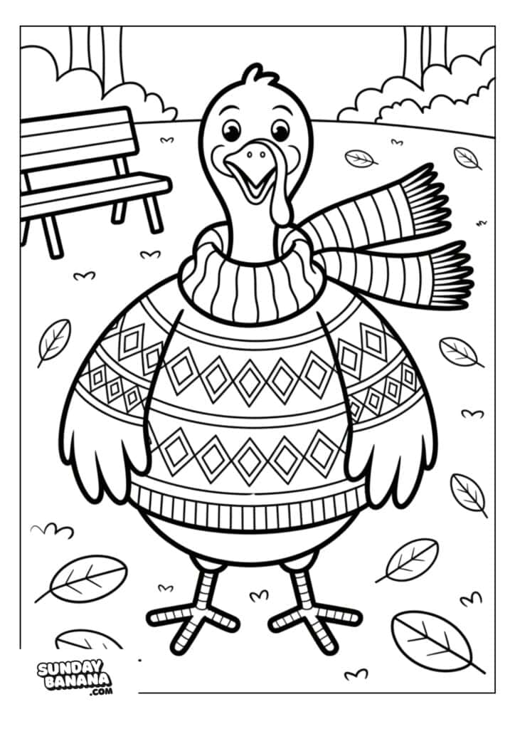 A smiling turkey stands in a park wearing a patterned sweater and striped scarf. Fallen leaves surround it, and a bench and trees are visible in the background. The image is a black-and-white coloring page.