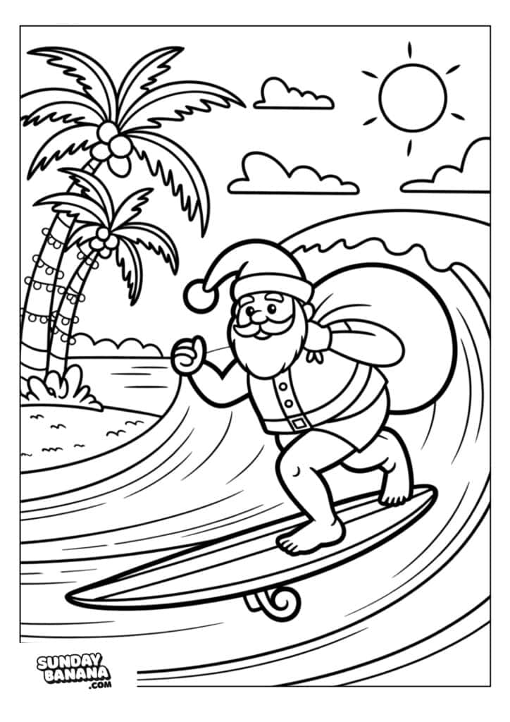 Santa Claus, wearing his hat, coat, and shorts, surfs a large wave on a surfboard, holding a sack over his shoulder. Palm trees with holiday lights and coconuts are on the beach, and the sun shines in a partly cloudy sky.