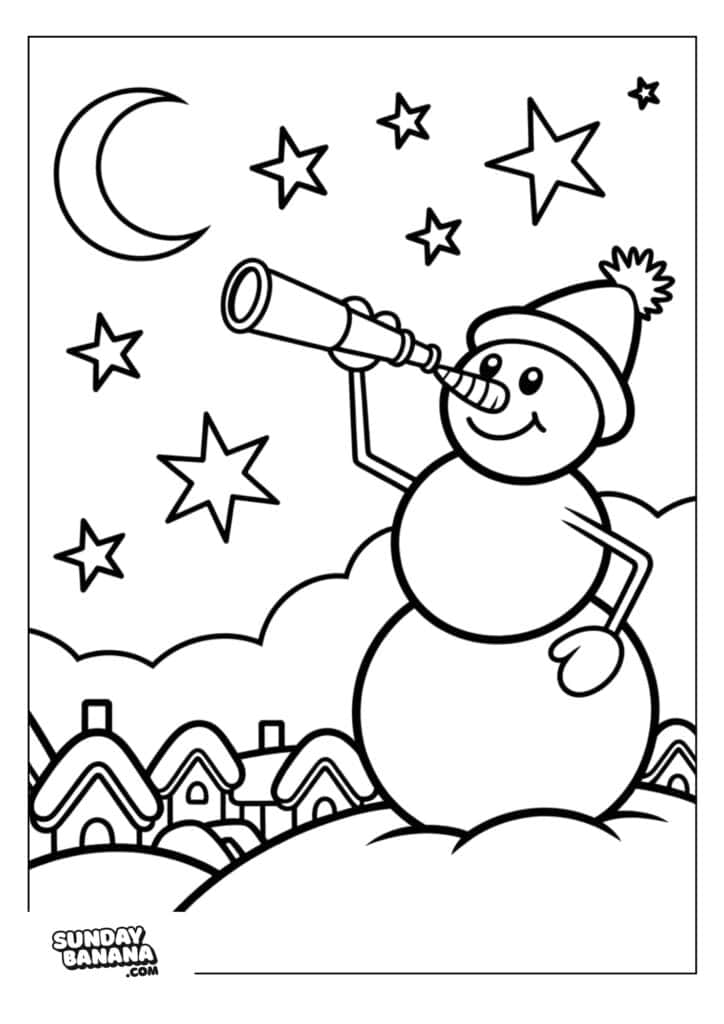 A cheerful snowman wearing a hat and scarf stands on a snowy hill, looking through a telescope at the night sky filled with stars and a crescent moon. Small houses with snow-covered roofs sit in the background under a cloudy sky.