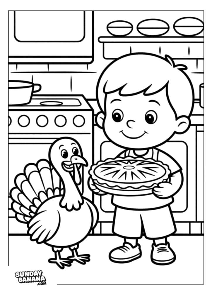 A smiling child holds a pie while standing in a kitchen. Next to the child is a cheerful turkey. Kitchen appliances, dishes, and a cooking pot are in the background. The image is in black and white, ready to be colored in.