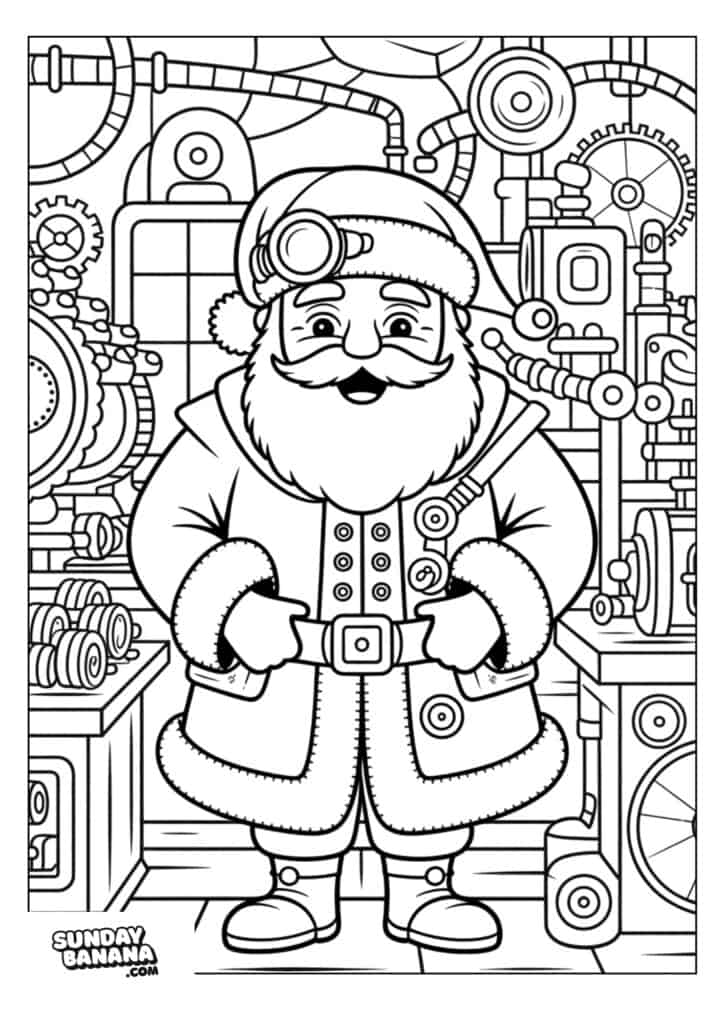 A cheerful Santa Claus stands in front of a workshop filled with gears, pipes, and machines. He wears a coat with fluffy trim, gloves, and boots, and has a headlamp on his hat. The scene is drawn in a detailed, cartoon-like, coloring-book style.