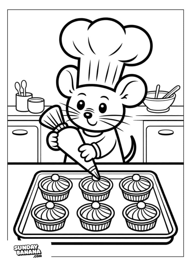 A cartoon mouse wearing a large chef’s hat stands in a kitchen, smiling while decorating six cupcakes with icing from a piping bag. Baking utensils and a bowl are on the countertop behind it. The scene is outlined for coloring.