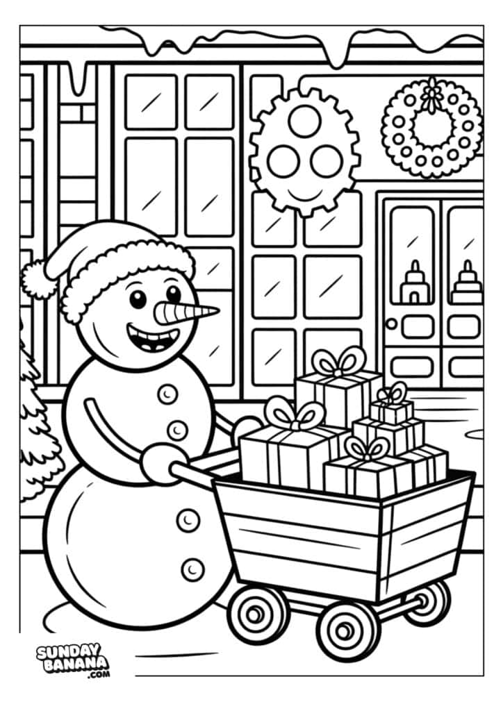 A smiling snowman in a Santa hat and scarf pushes a cart filled with wrapped gifts. Behind him is a building with large windows, a decorated wreath, and icicles hanging from the roof. A decorated tree is partially visible on the left.