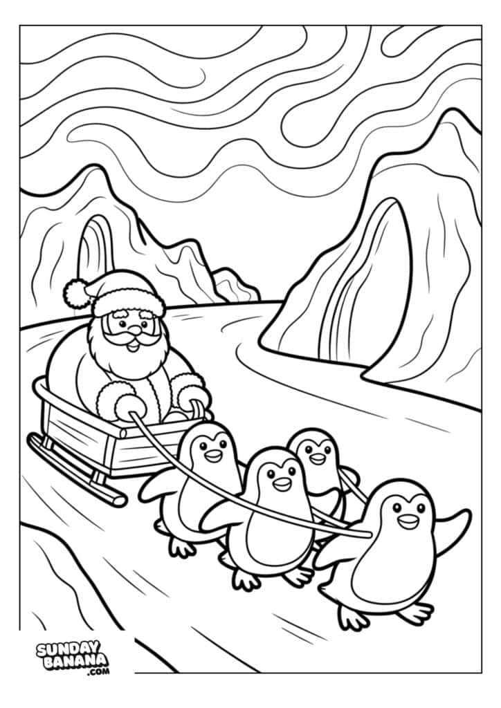 A cheerful Santa Claus rides a sleigh over snow, pulled by four happy penguins. Snowy mountains and cliffs line the background beneath swirling, cloud-filled skies. The scene is outlined in black and white, ready for coloring. SundayBanana.com is in the corner.