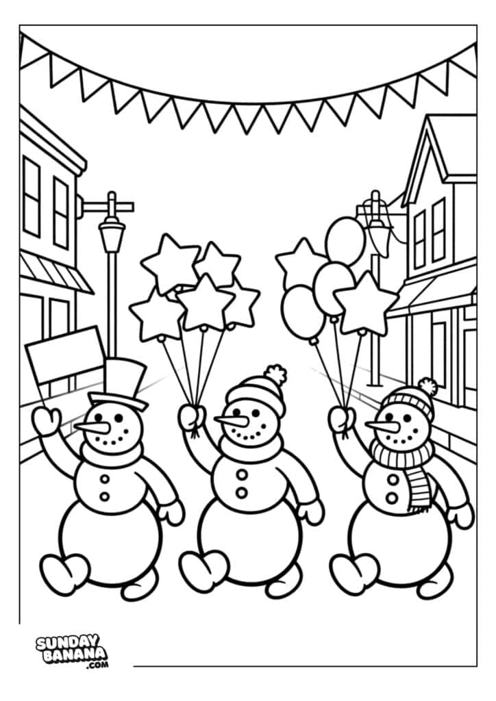 Three cheerful snowmen parade down a street lined with buildings. Each holds balloons—one has stars, another has round balloons, and the first holds a blank sign. Triangular flags hang above them. All snowmen wear winter hats and scarves.