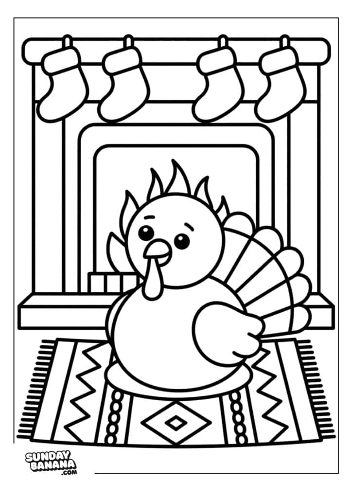 A cartoon turkey stands on a patterned rug in front of a fireplace. Four stockings hang from the mantle above the firebox. The scene is simple and outlined for coloring, with the Sunday Banana logo in the bottom left corner.