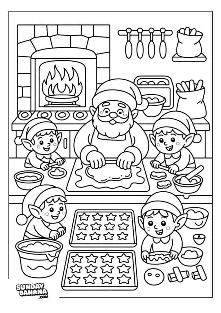 A bearded figure with a hat rolls dough at a kitchen table, surrounded by four smiling elves. The table holds bowls, cookie cutters, and trays of star-shaped cookies. A fire burns in a brick oven, with shelves and baking items in the cozy background.