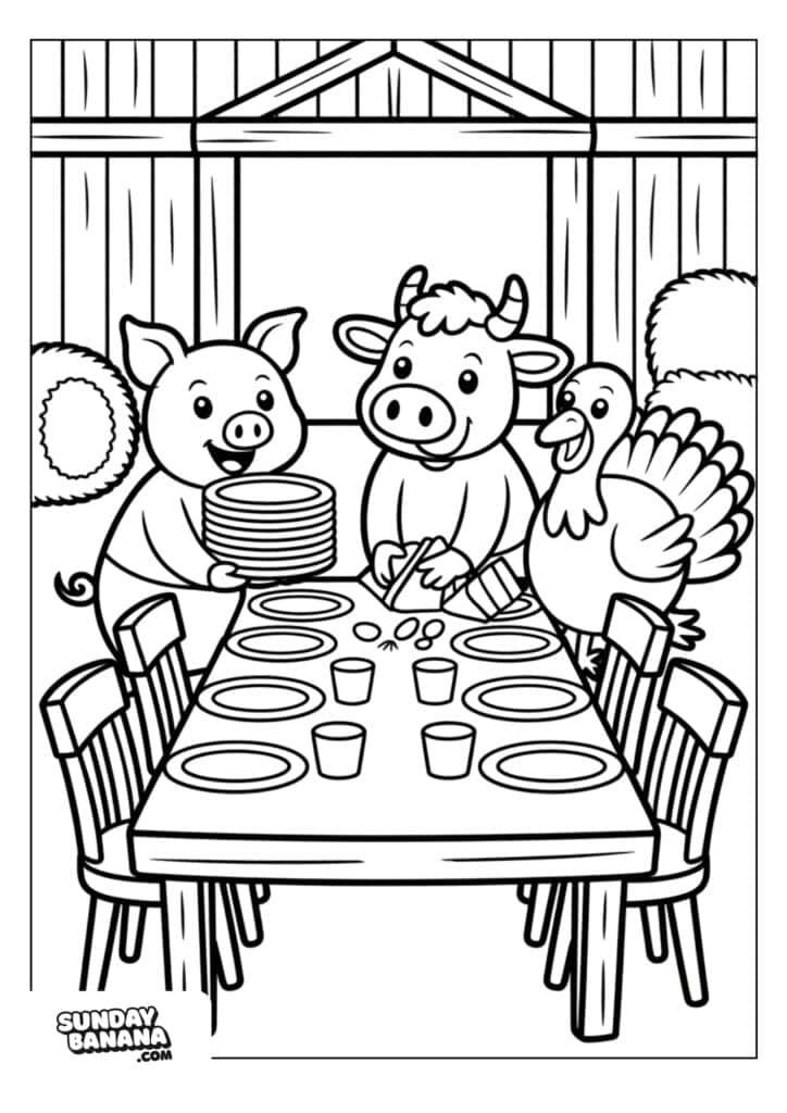 A pig, a cow, and a turkey set a long table with plates and cups inside a barn. The pig holds a stack of plates, the cow arranges utensils, and the turkey stands nearby. Hay bales and barn walls are visible in the background.
