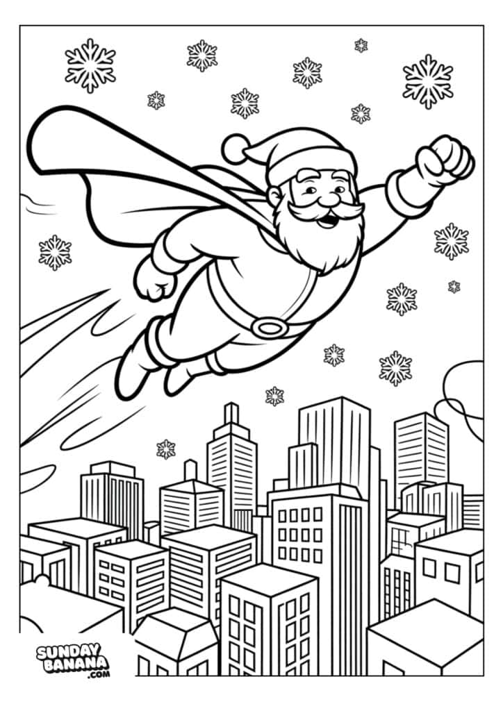 Santa Claus flies superhero-style above a city skyline with tall buildings. Snowflakes fall around him, and he has one arm outstretched. The scene is cartoonish and festive, with clear outlines ready for coloring.