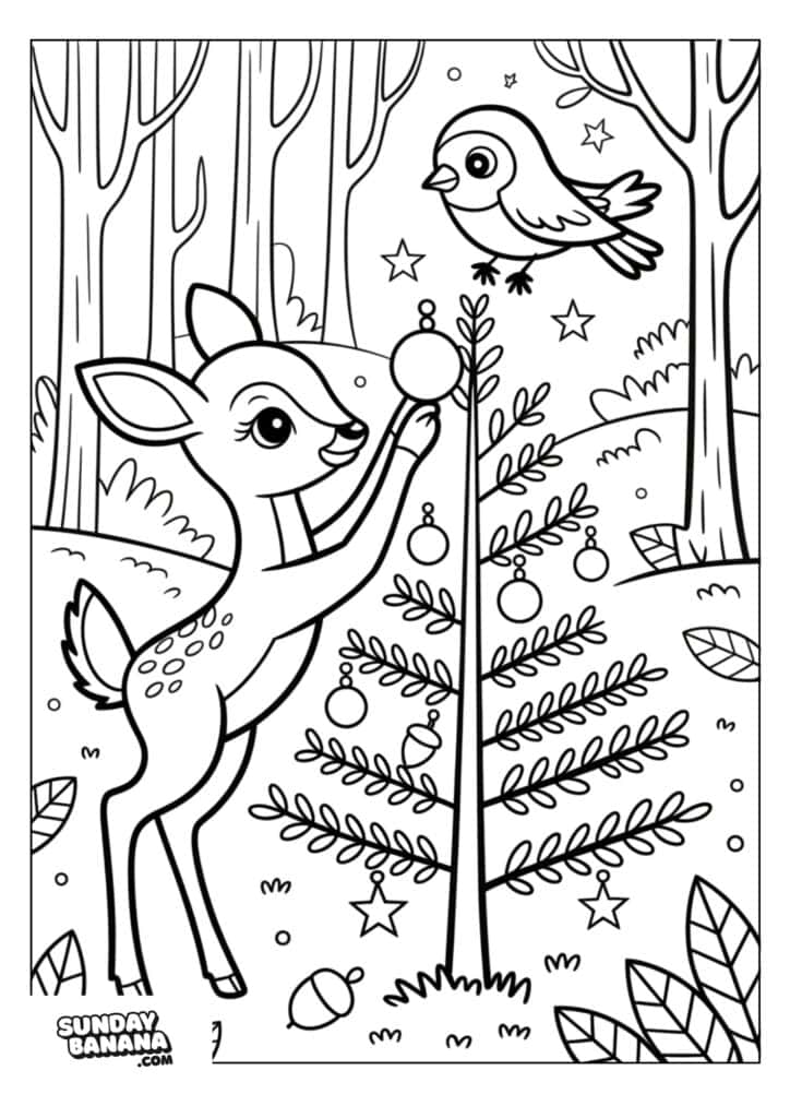 A cute deer stands on two legs, decorating a small fir tree with ornaments in a forest. A bird perches atop the tree, surrounded by stars and swirls. Trees, leaves, and acorns fill the background, creating a playful woodland scene.