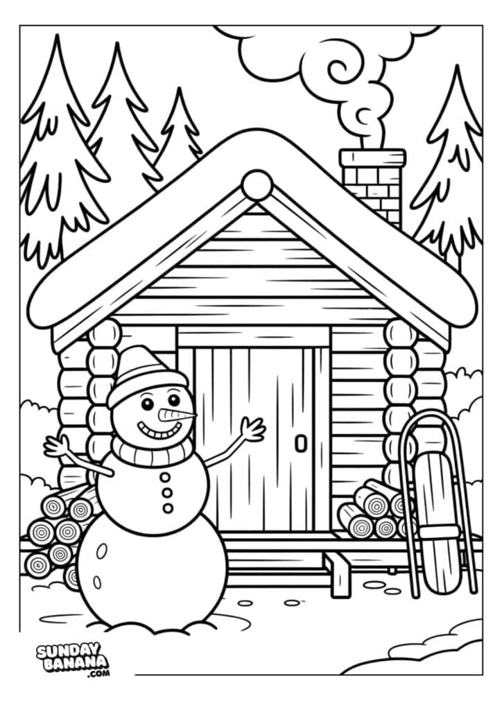 A happy snowman stands with arms outstretched in front of a log cabin with smoke rising from the chimney. Pine trees surround the cabin, and a sled leans against the porch next to stacked logs. The scene is outlined for coloring.