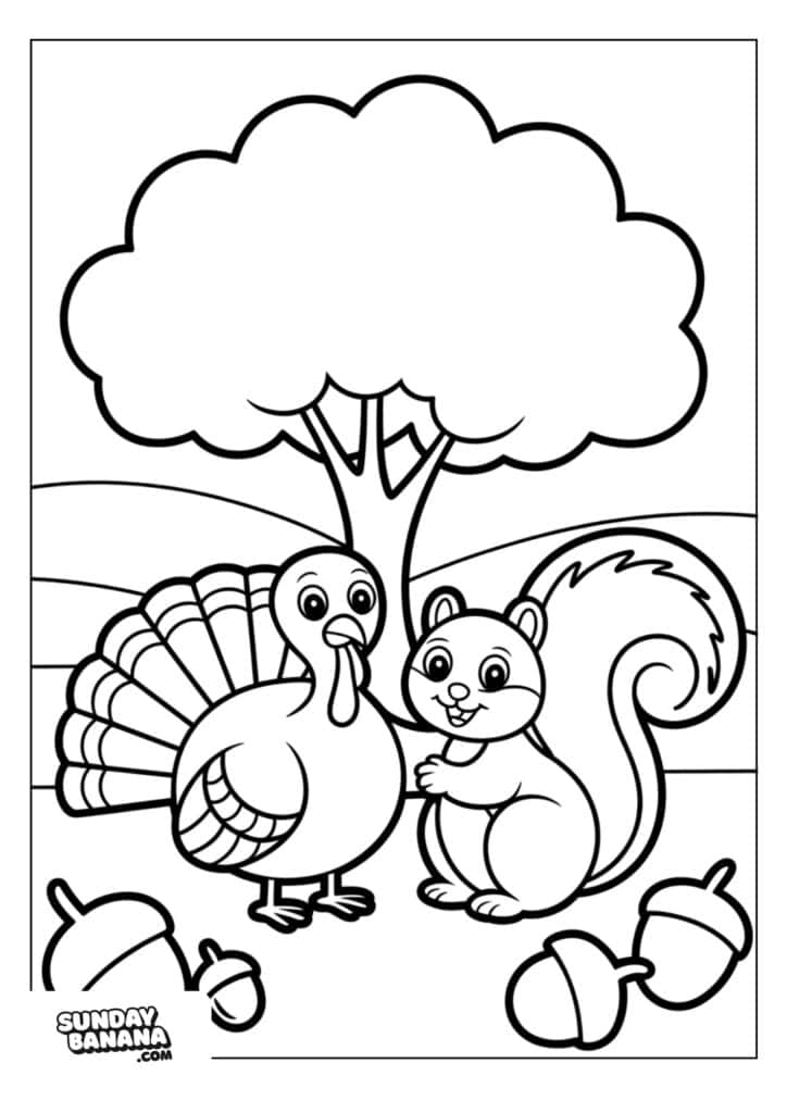A cartoon turkey and a smiling squirrel sit side by side in front of a leafy tree. Three large acorns lie on the ground. Rolling hills fill the background. The scene is outlined for coloring.