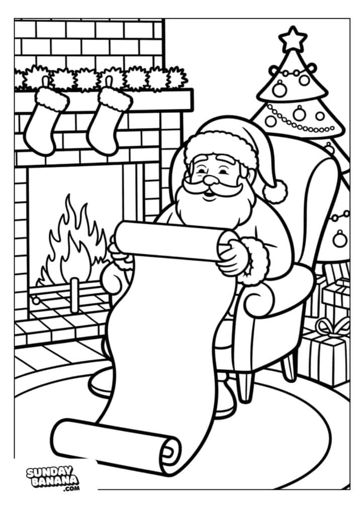 Santa Claus sits in a chair by a fireplace with stockings, holding a long list. A decorated Christmas tree and wrapped presents are nearby. Santa looks happy, wearing glasses and his traditional suit. The scene is festive and cozy.