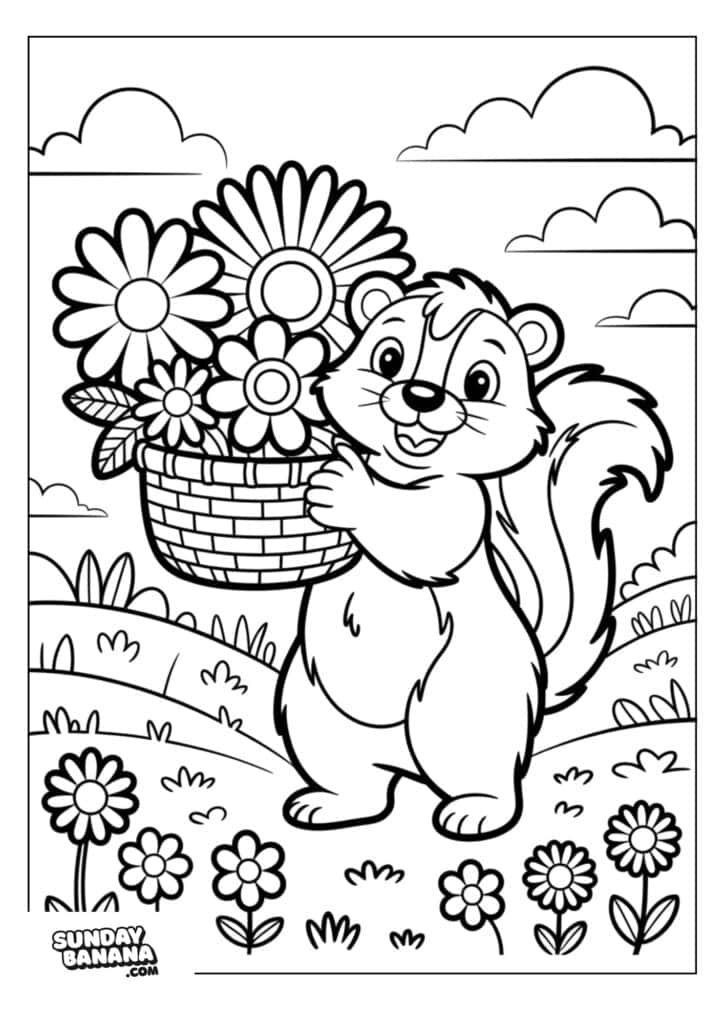 A cartoon skunk stands in a field, smiling and holding a large basket filled with flowers. More flowers bloom at its feet, and rolling hills under a partly cloudy sky fill the background. The scene is outlined for coloring.