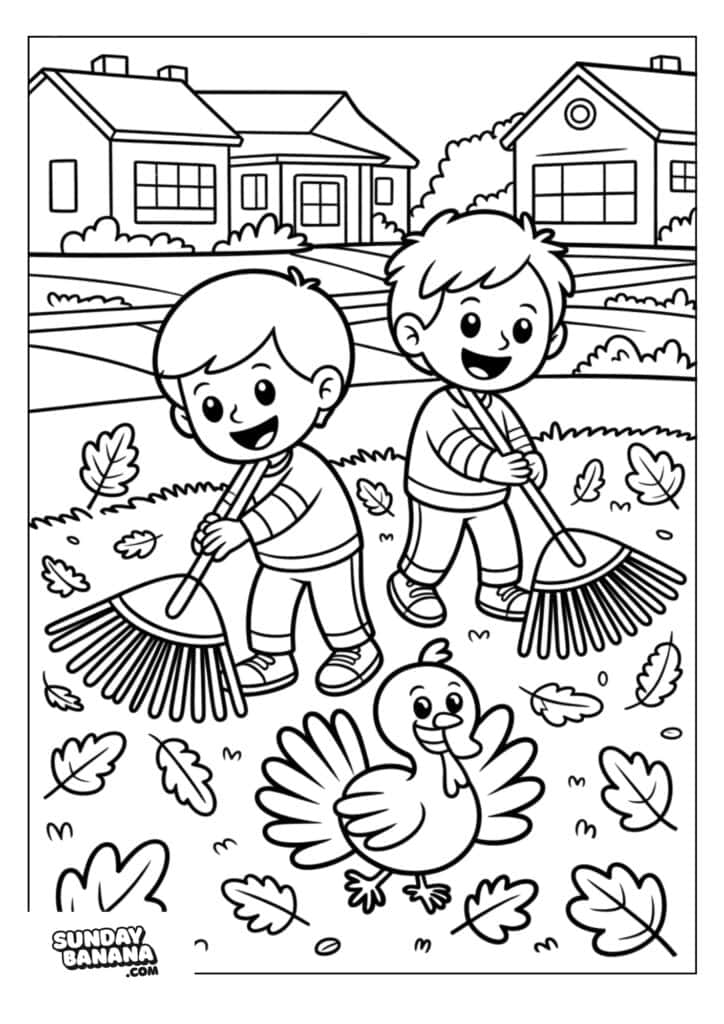 Two smiling children rake autumn leaves in a yard, with scattered leaves around them. A happy turkey spreads its wings on the ground. In the background are two houses, trees, and bushes. The scene is playful and outlined for coloring.
