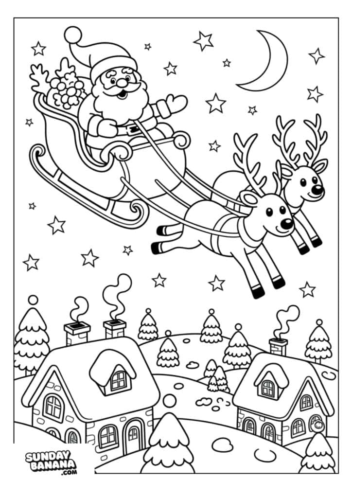 Santa Claus rides a sleigh pulled by two reindeer in a starry night sky above snowy houses and trees. Smoke rises from chimneys, and there is a crescent moon in the sky. Santa carries a sack of gifts, and everything is drawn in a coloring-book style.