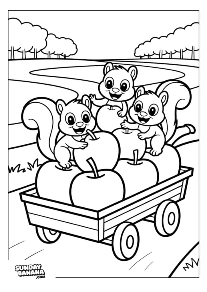 Three cartoon squirrels are happily sitting on top of a wooden wagon filled with large apples. The wagon has four wheels and is outdoors, with trees and a winding path in the background. The scene appears playful and cheerful.