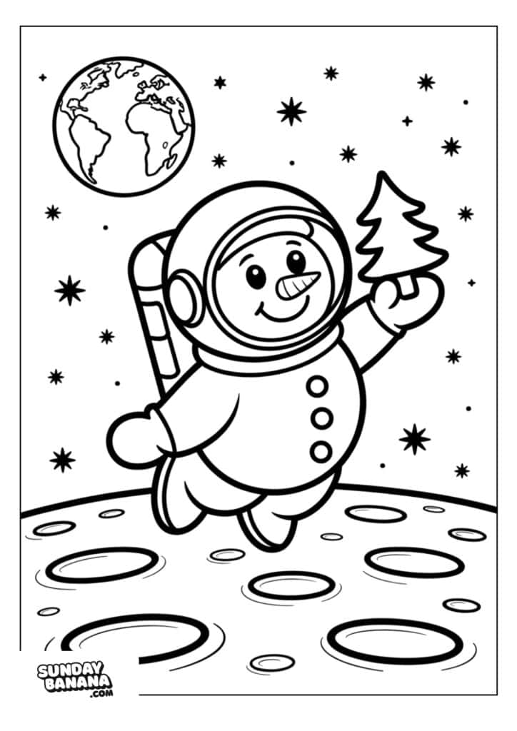 A cheerful snowman in a spacesuit holds a small pine tree while standing on the moon’s surface. Stars and craters surround him, and the Earth appears in the sky above. The scene is playful and cartoon-like, inviting coloring.