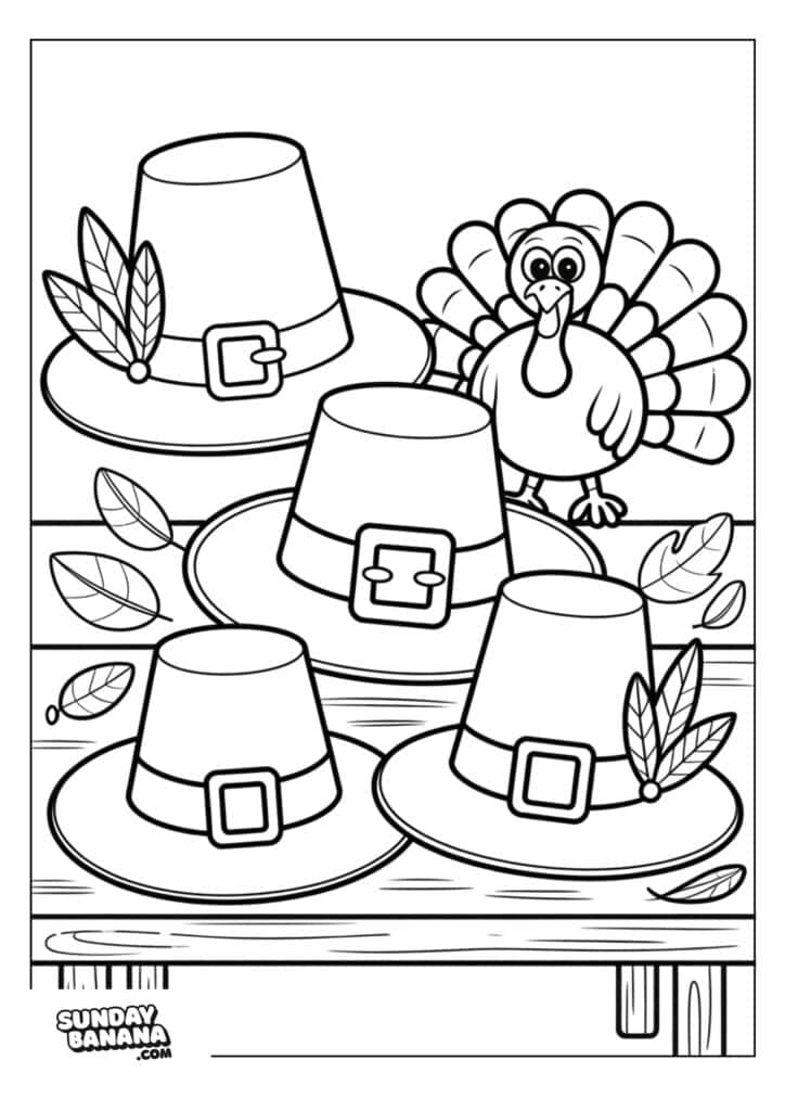 A cartoon turkey stands behind four Pilgrim hats with buckles, arranged on a wooden table. Several leaves are scattered among the hats. The image is outlined for coloring and comes from sundaybanana.com.