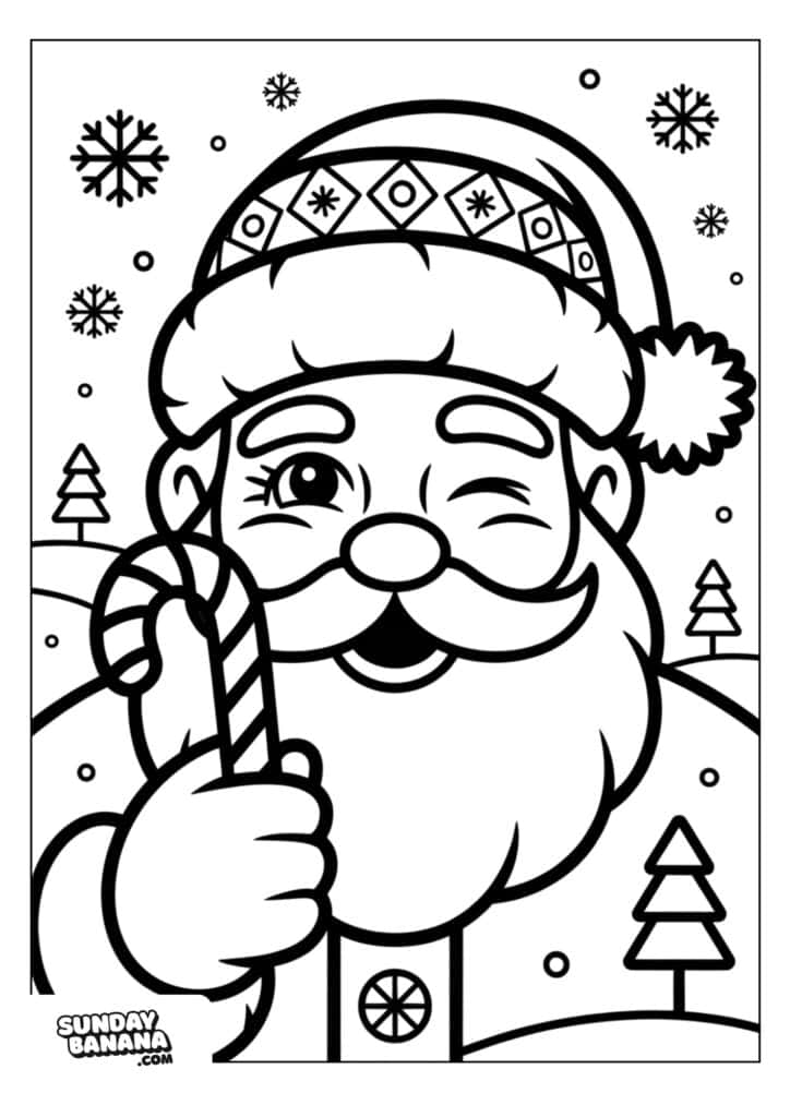 A cartoon Santa Claus winks and smiles while holding a striped candy cane. He wears a decorated Santa hat and coat. Snowflakes fall around him, and pine trees are in the snowy background. The image is festive and outlined for coloring.