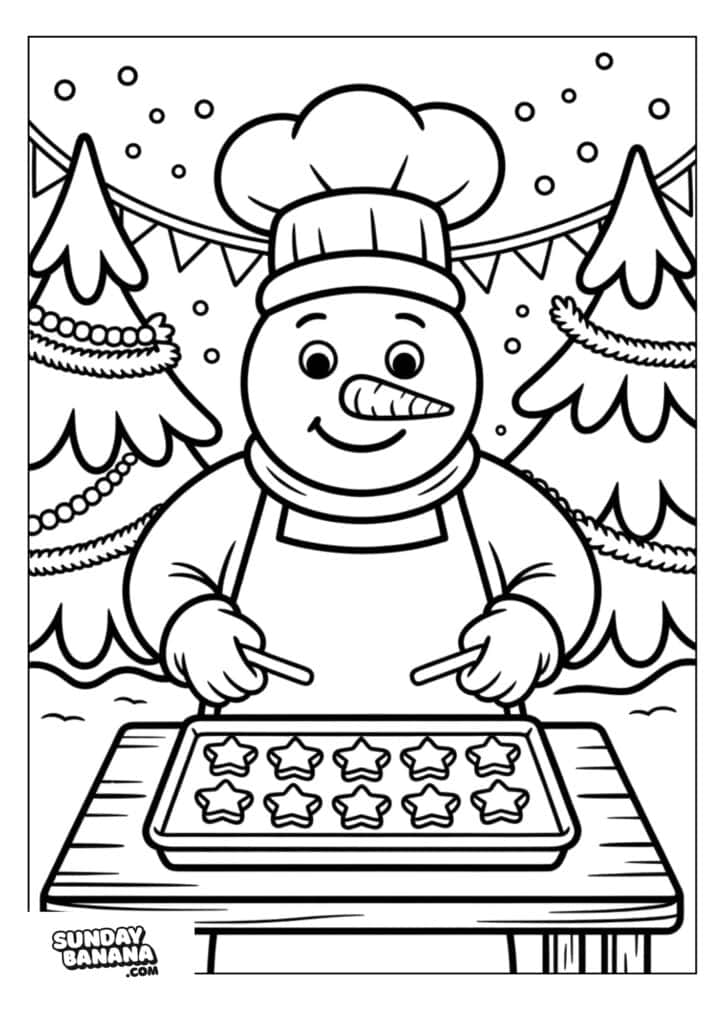 A smiling snowman wearing a chef’s hat and apron stands behind a table, holding utensils and baking star-shaped cookies. Behind are decorated pine trees and festive bunting, with snow falling gently in the background.