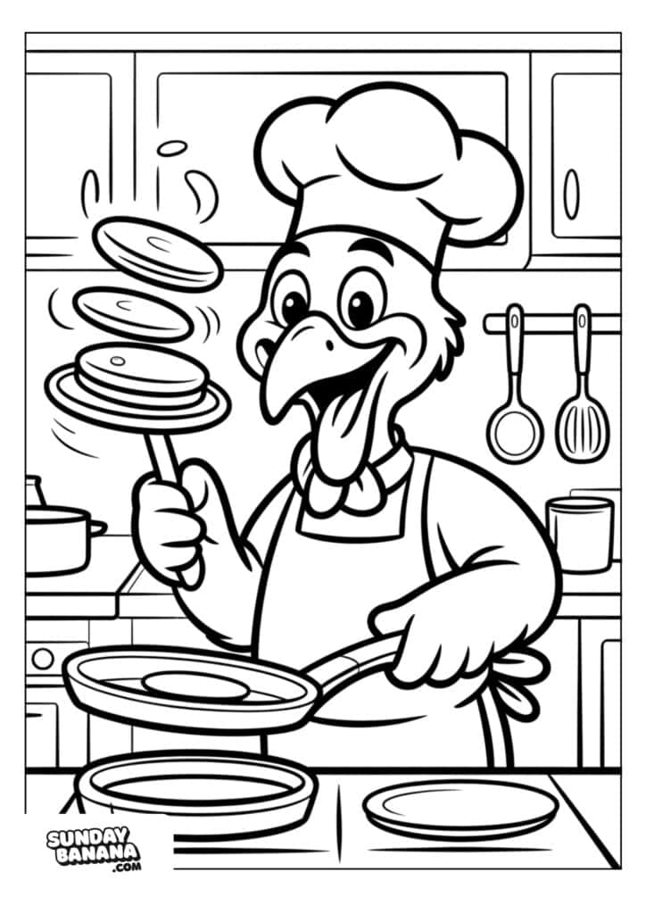 A cheerful cartoon bird wearing a chef hat and apron flips pancakes in a kitchen. The bird balances three pancakes on a spatula while holding a frying pan over a stove. Kitchen utensils and dishes hang in the background. The image is outlined for coloring.