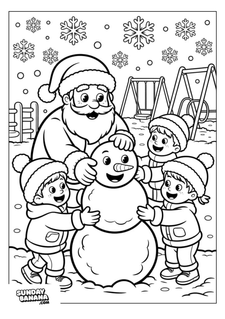 A cheerful Santa Claus and three smiling children build a snowman together in a snowy playground. Snowflakes fall, and swings and a climbing frame are visible in the background. Everyone wears winter clothes: hats, coats, and mittens.