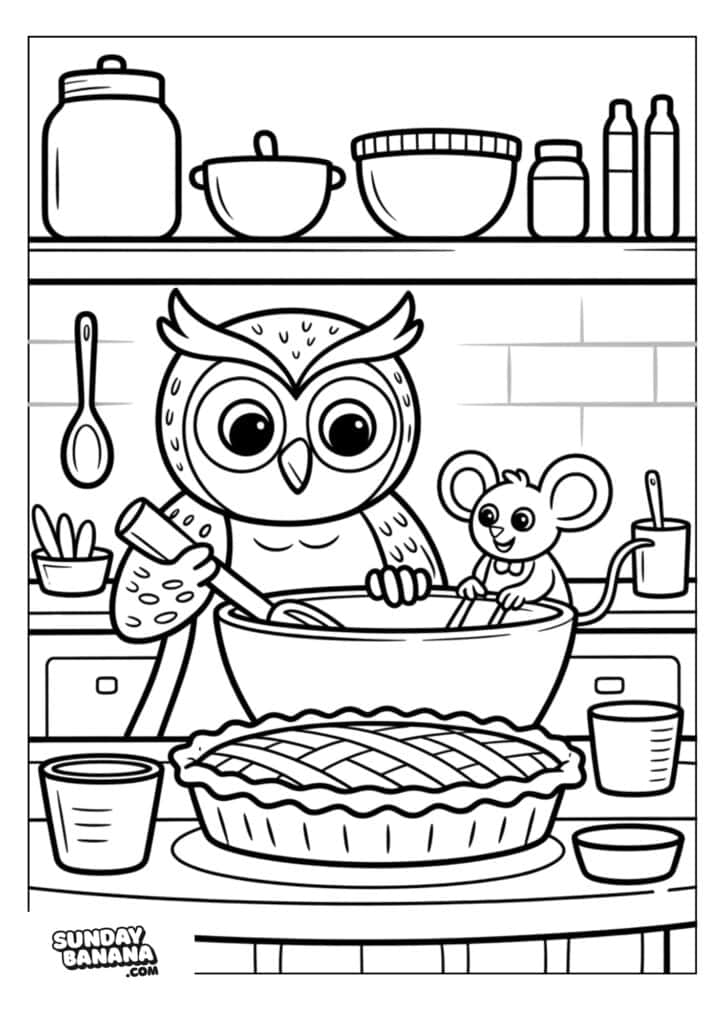 A cartoon owl and mouse happily mix ingredients in a bowl on a kitchen counter. There are baking items, utensils, and a freshly baked lattice-topped pie in front of them. Kitchen shelves hold jars, bowls, and bottles in the background.