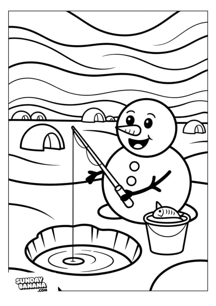 A smiling snowman with buttons and a scarf is ice fishing beside a hole. It holds a fishing rod and stands next to a bucket containing a fish. Igloos and snowy hills fill the background under a striped sky.