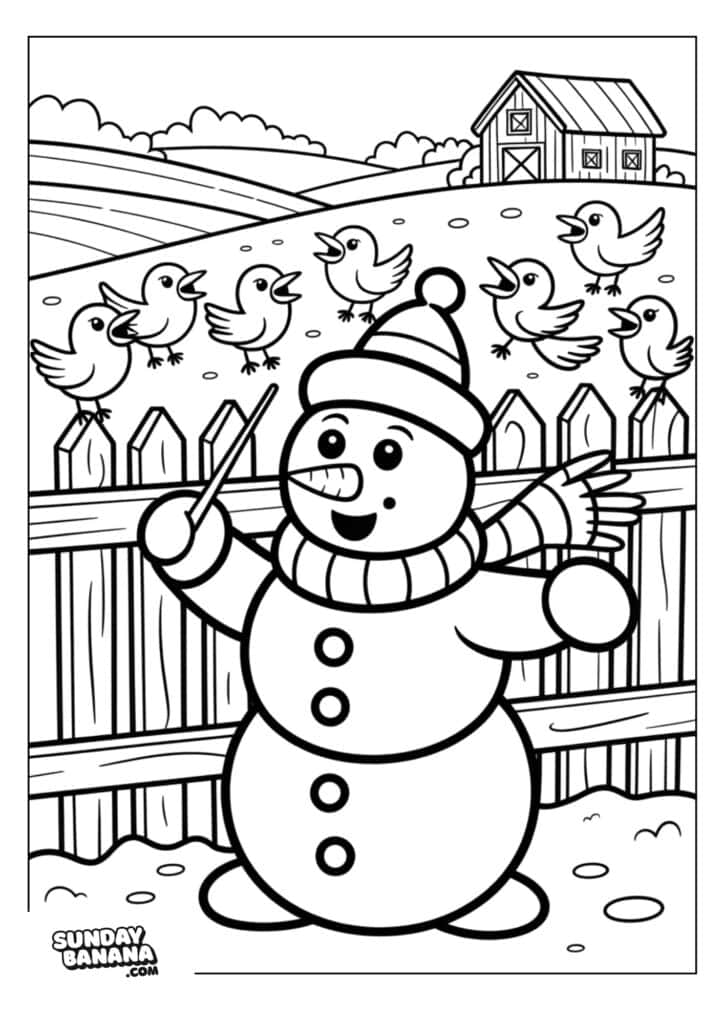 A cheerful snowman wearing a hat and striped scarf stands in front of a fence, holding a stick like a conductor’s baton. Behind the fence are seven singing birds and a barn atop a hill, with snow covering the ground in this winter scene.